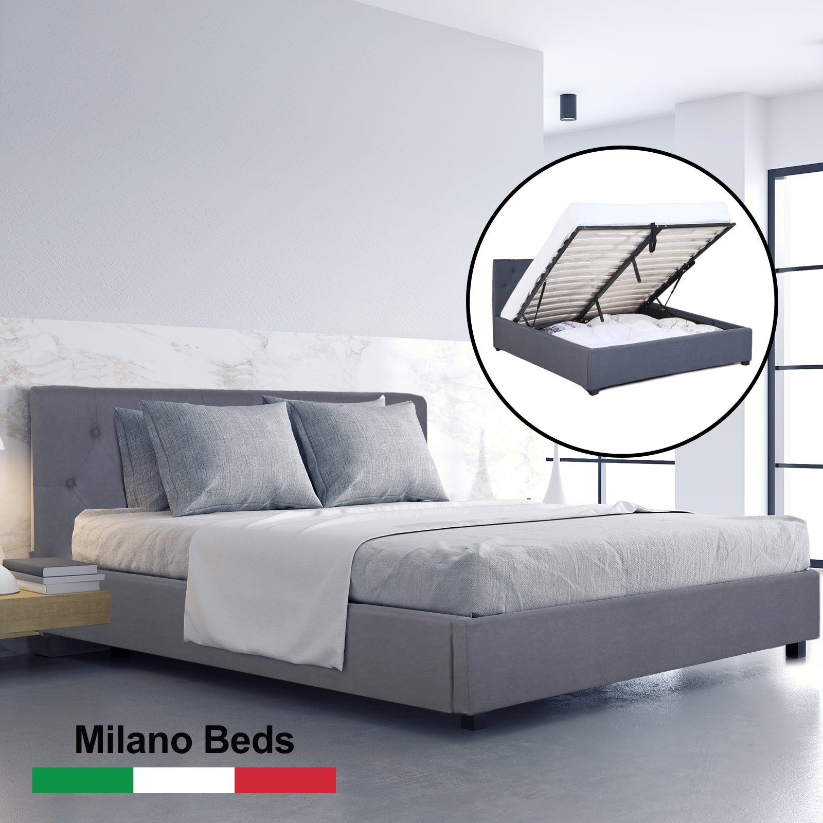 Milano Capri Luxury Gas Lift Bed With Headboard (Model 3) - Grey No.28 - Single