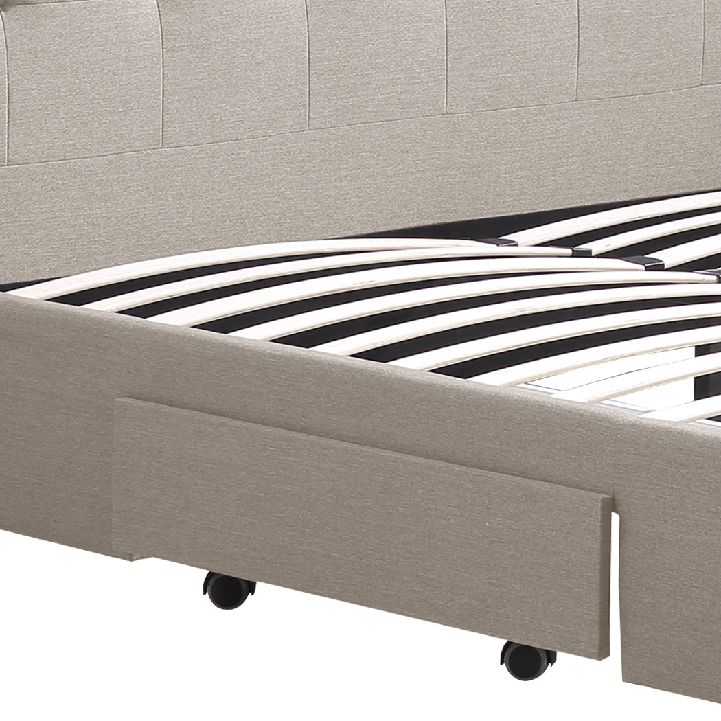 Levede Bed Frame Queen Fabric with Drawers Storage Wooden Mattress Beige