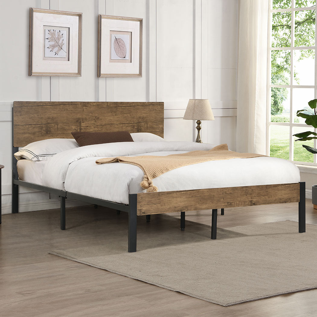 Levede Metal Bed Frame Queen Size Mattress Base Platform Wooden Headboard Brown