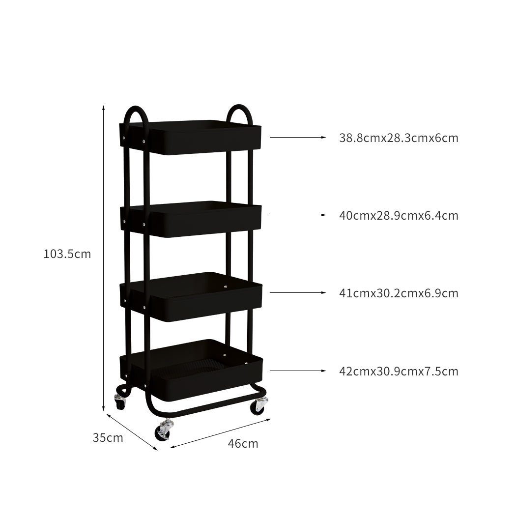 Levede 4 Tiers Kitchen Trolley Cart Steel Storage Rack Shelf Organiser Black