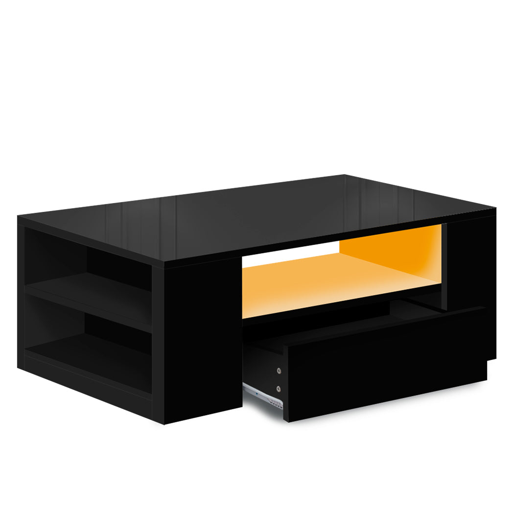 Levede Coffee Table LED Lights High Gloss Storage Drawer Living Room Black