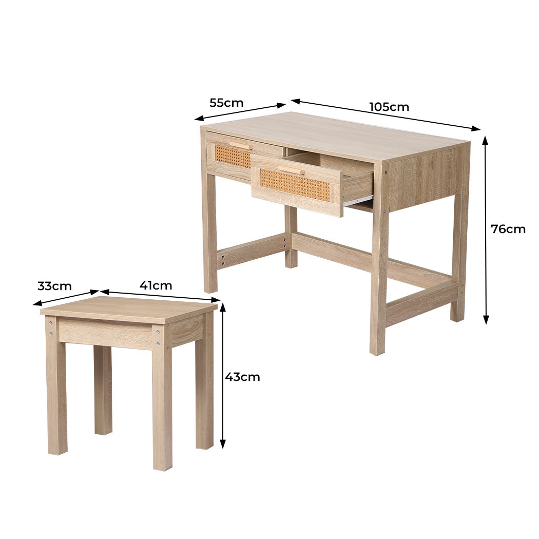 Levede Table Set Rattan Wood Dressing Table Bedroom Desk Stool Home Office Desks