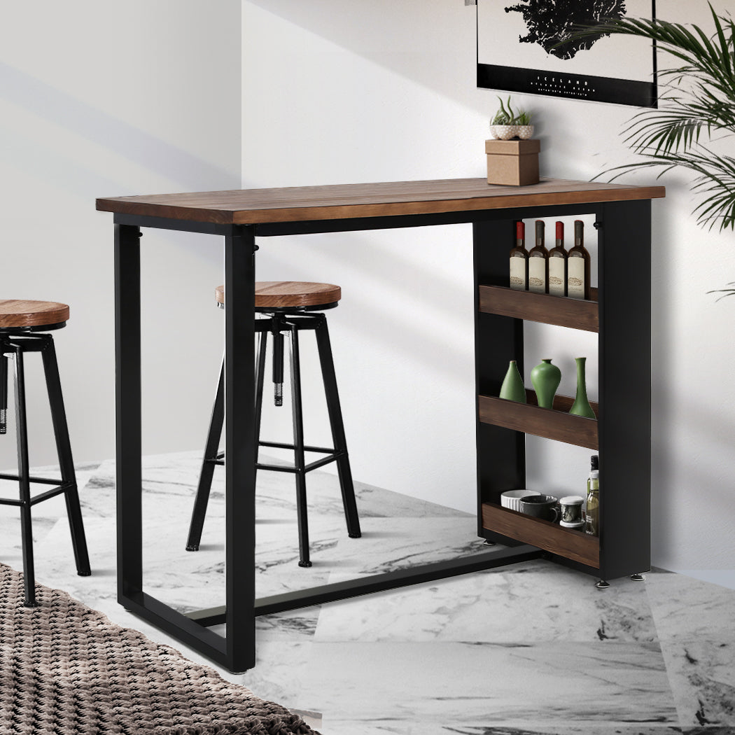 Levede High Bar Table Industrial Pub Table With 3-Tier Storage Shelf Solid Wood