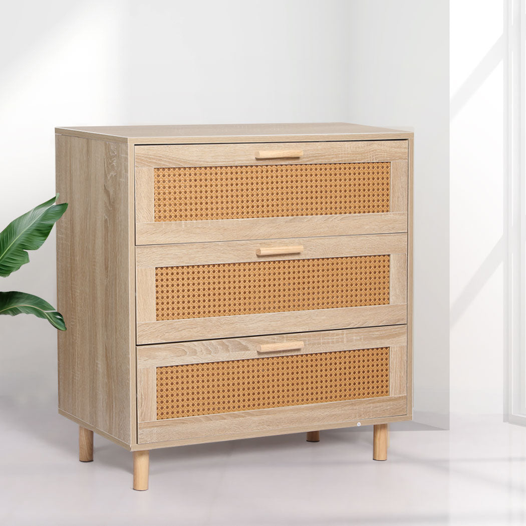 Levede Storage Cabinet Rattan Dresser Chest of Drawers Tallboy Wooden 3 Drawers