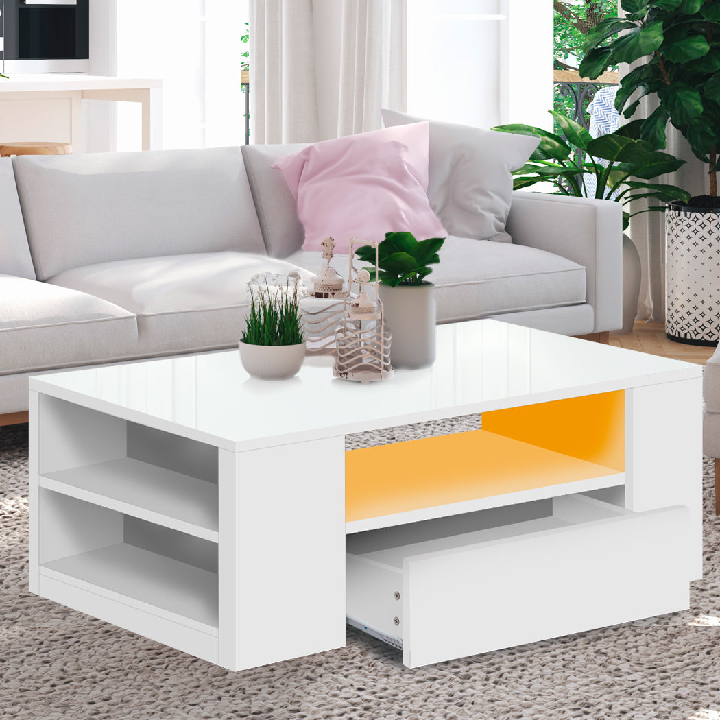 Levede Coffee Table LED Lights High Gloss Storage Drawer Living Room White