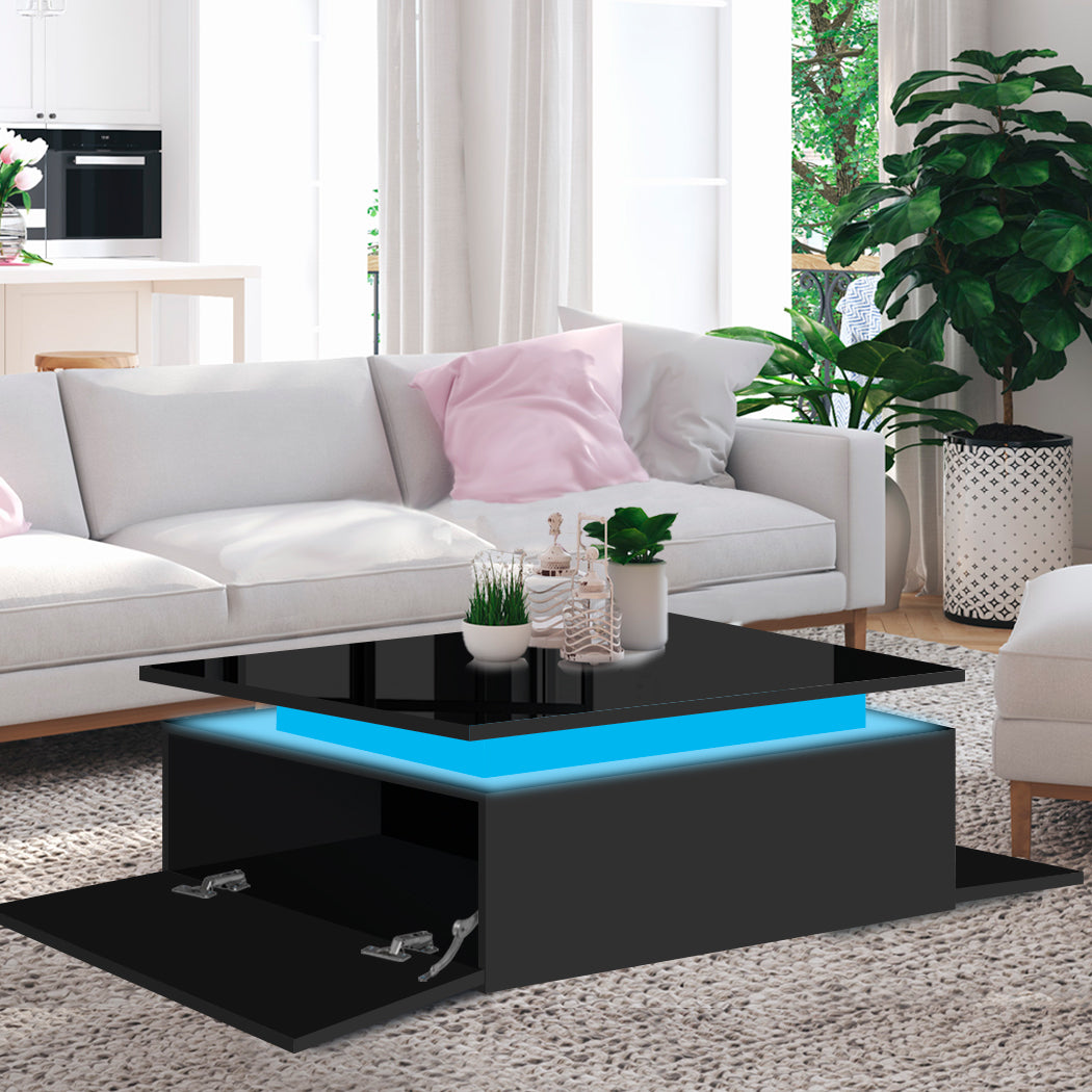 Levede Coffee Table LED Lights High Gloss Storage Drawer Living Room Black
